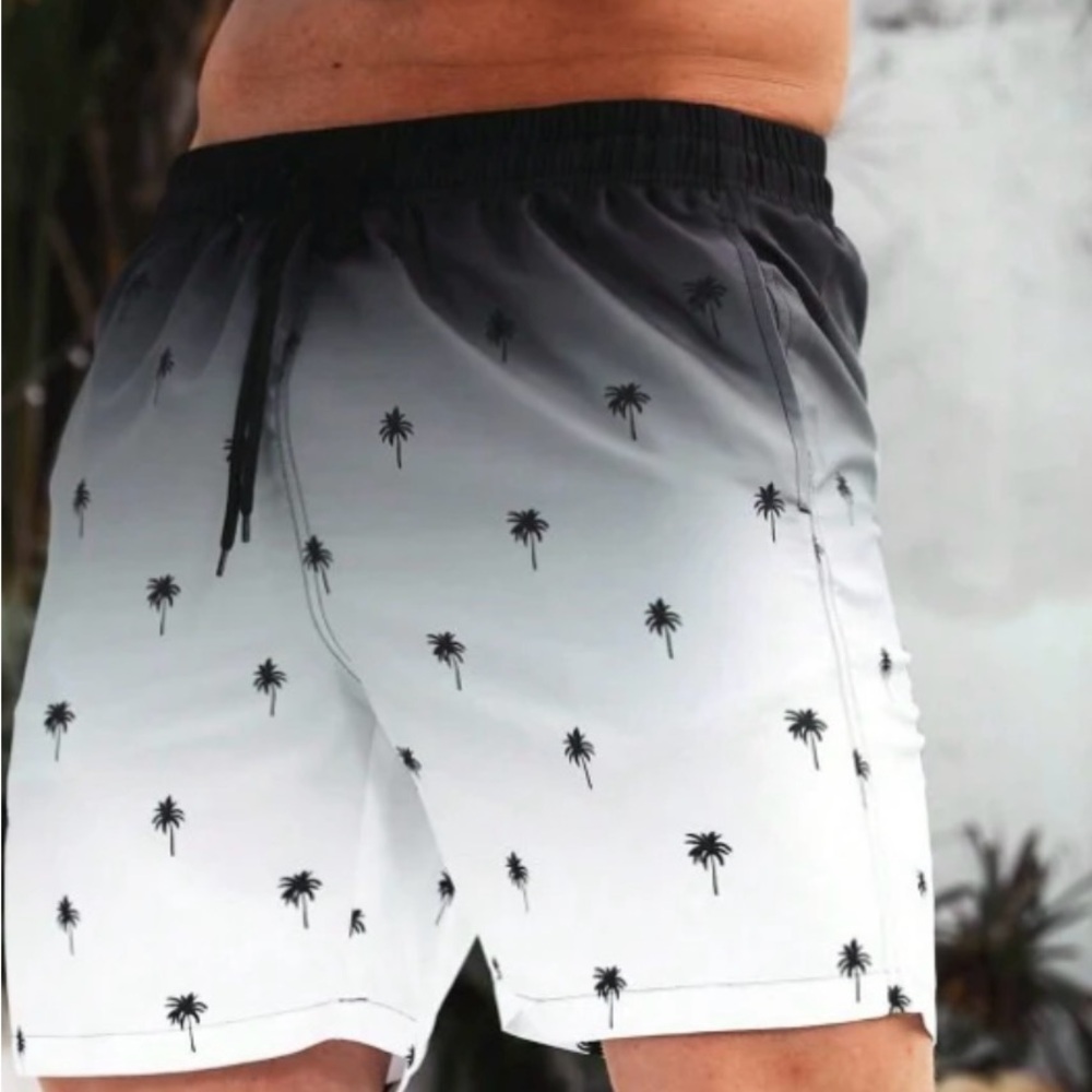 Men’s Coconut Palm Tree Print Ombre Drawstring Waist Swim Shorts